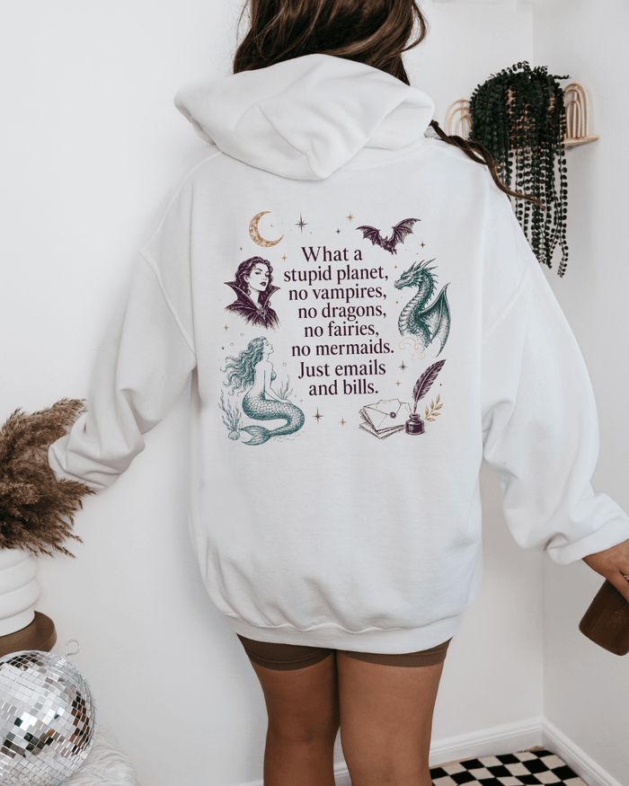 What A Stupid Planet Hoodie | White Fantasy Bookish Graphic Hoodie - Vintage Rebels