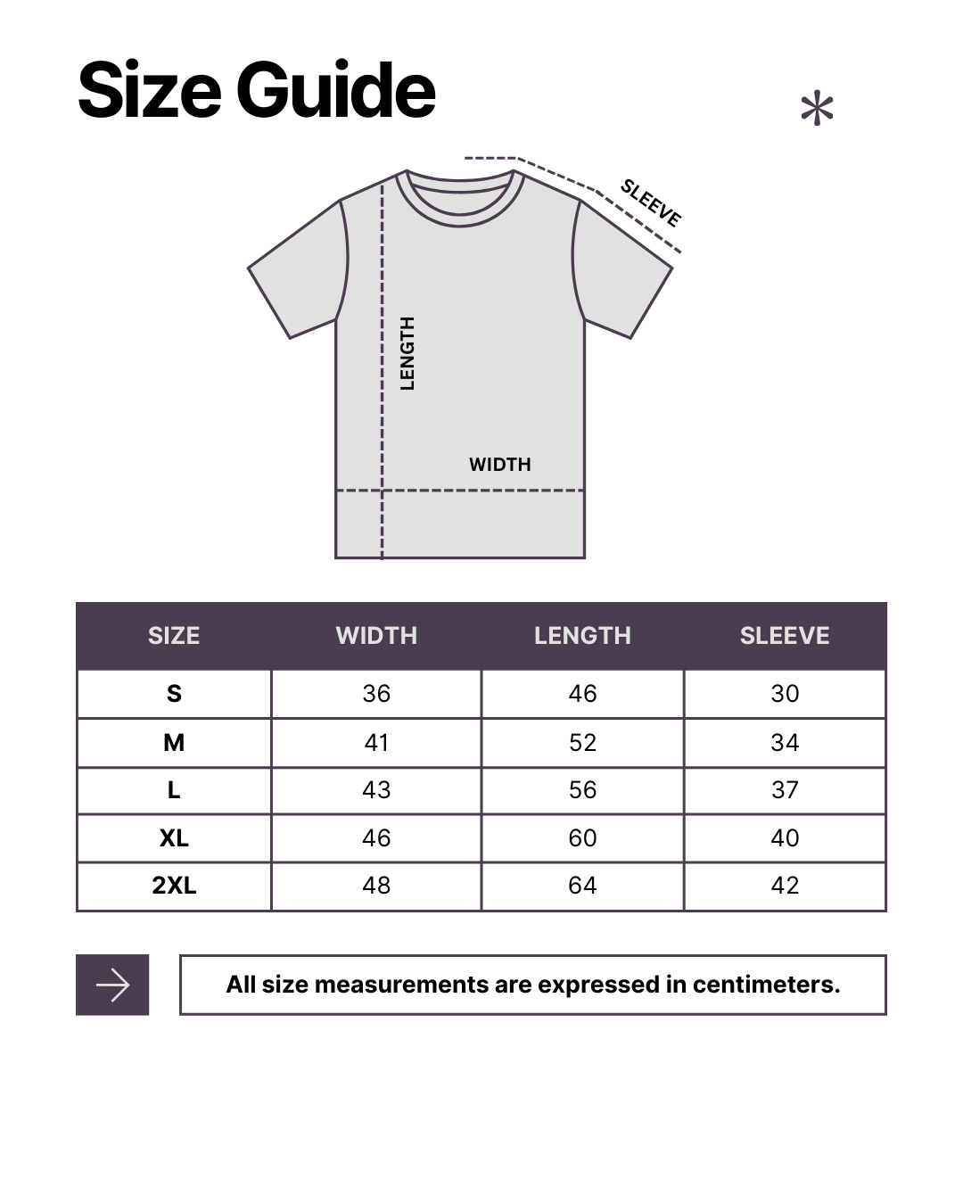 T-shirt size guide with measurements on a white background
