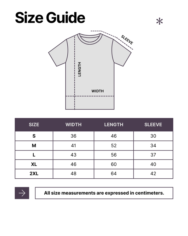 T-shirt size guide with measurements on a white background