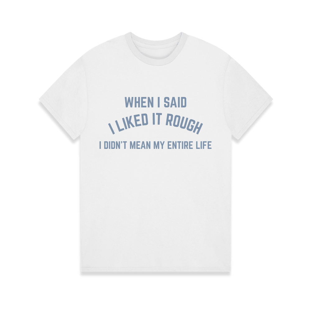 White t-shirt with blue text on a white background