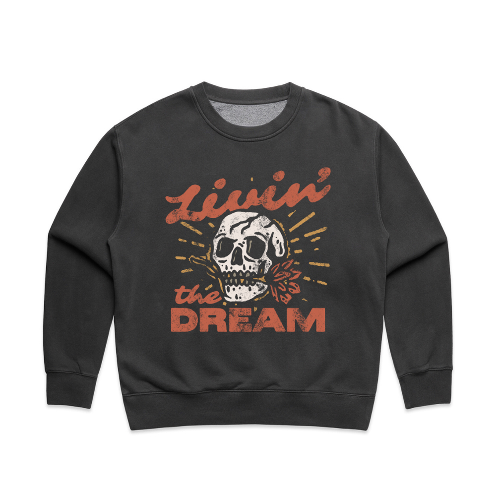 Vintage Livin' The Dream Skull Crew in Faded Black AS Colour 