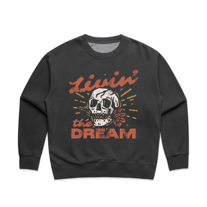 Vintage Livin' The Dream Skull Crew in Faded Black AS Colour 