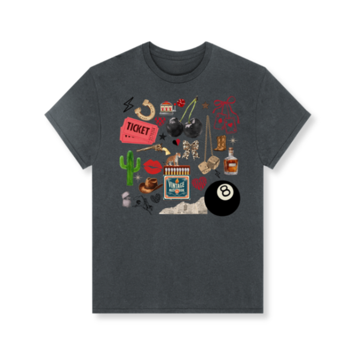 Dark gray t-shirt with colorful graphic design on a white background