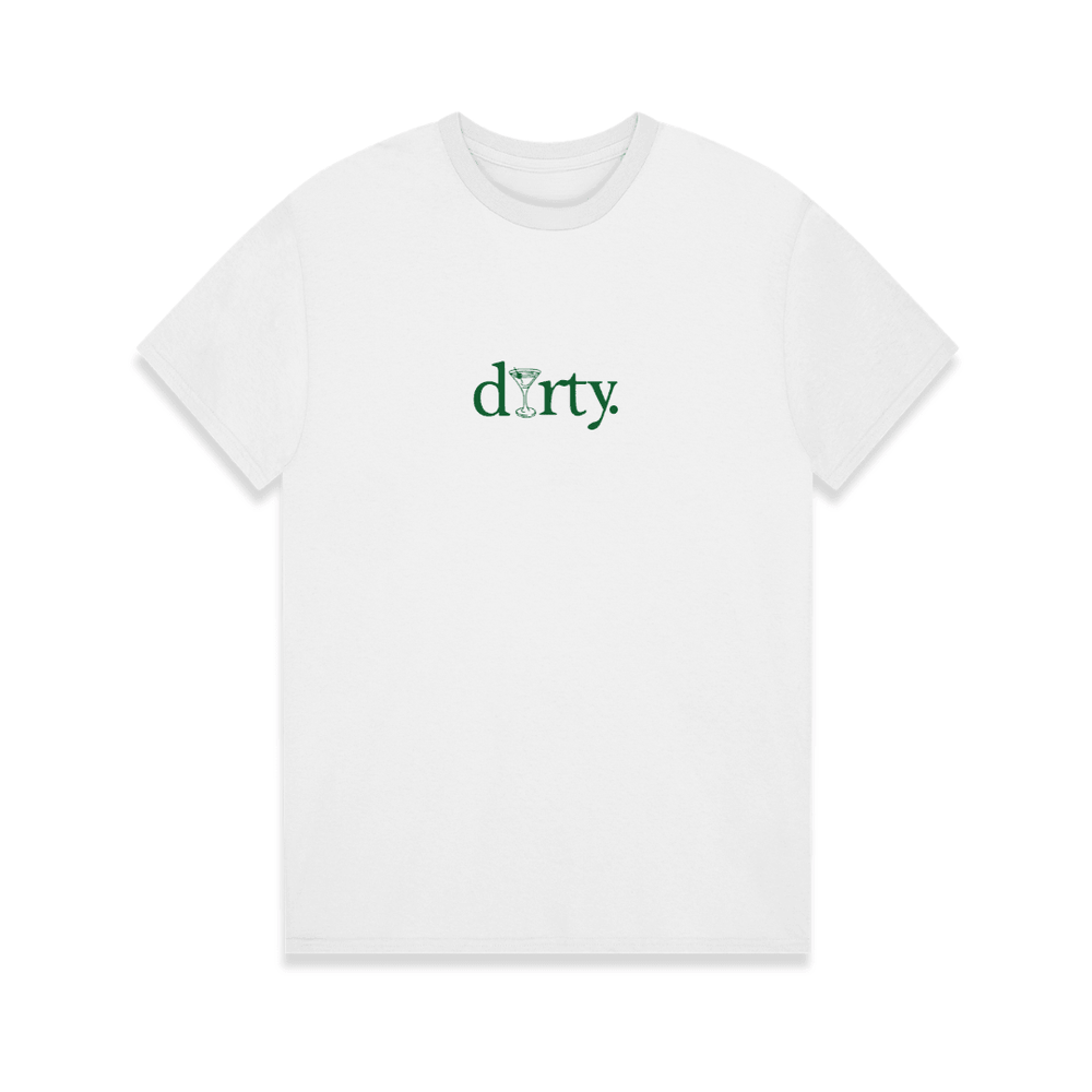 White t-shirt with 'dirty' text on a white background
