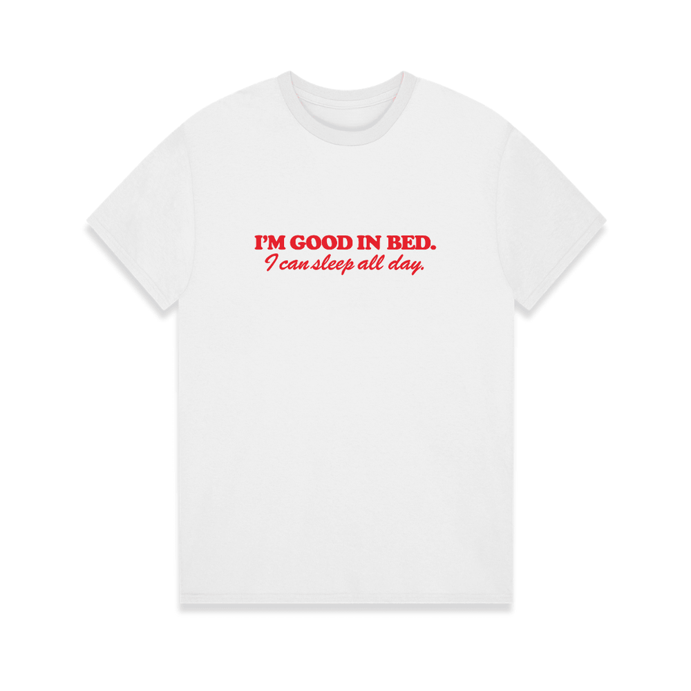 White t-shirt with red text on a white background