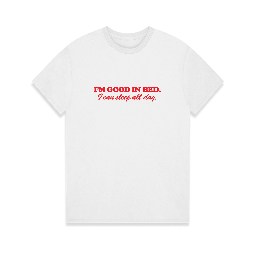 White t-shirt with red text on a white background