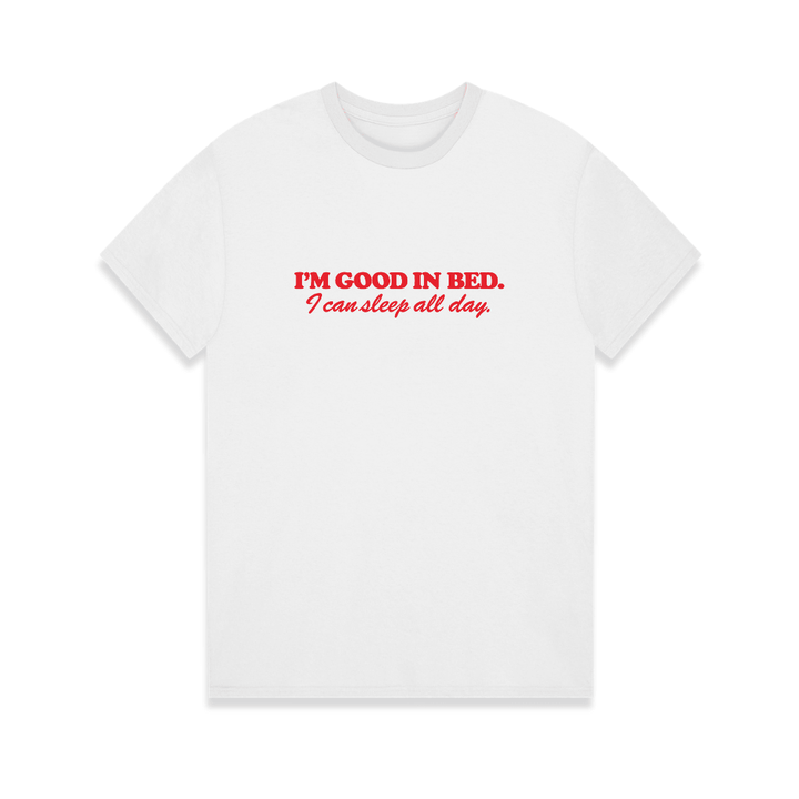 White t-shirt with red text on a white background