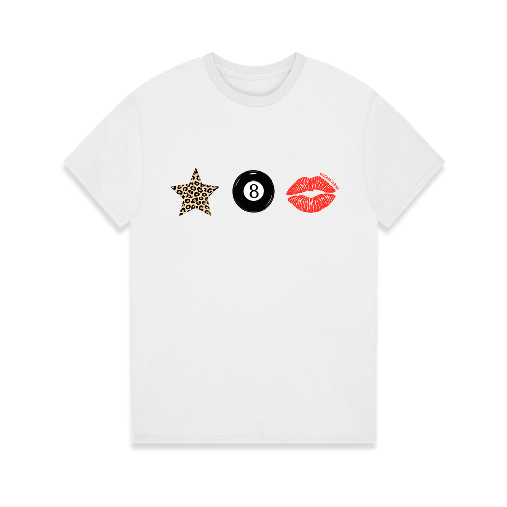 White t-shirt with star, number 8, and lips graphic designs on a white background