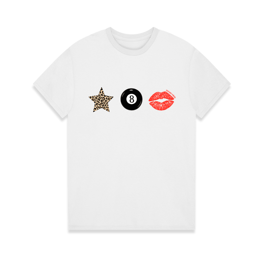 White t-shirt with star, number 8, and lips graphic designs on a white background