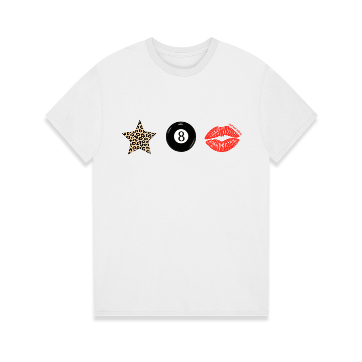 White t-shirt with star, number 8, and lips graphic designs on a white background