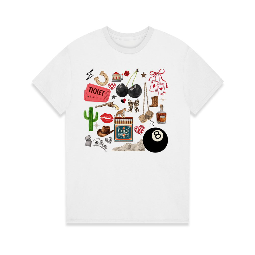 White t-shirt with various graphic designs on a white background