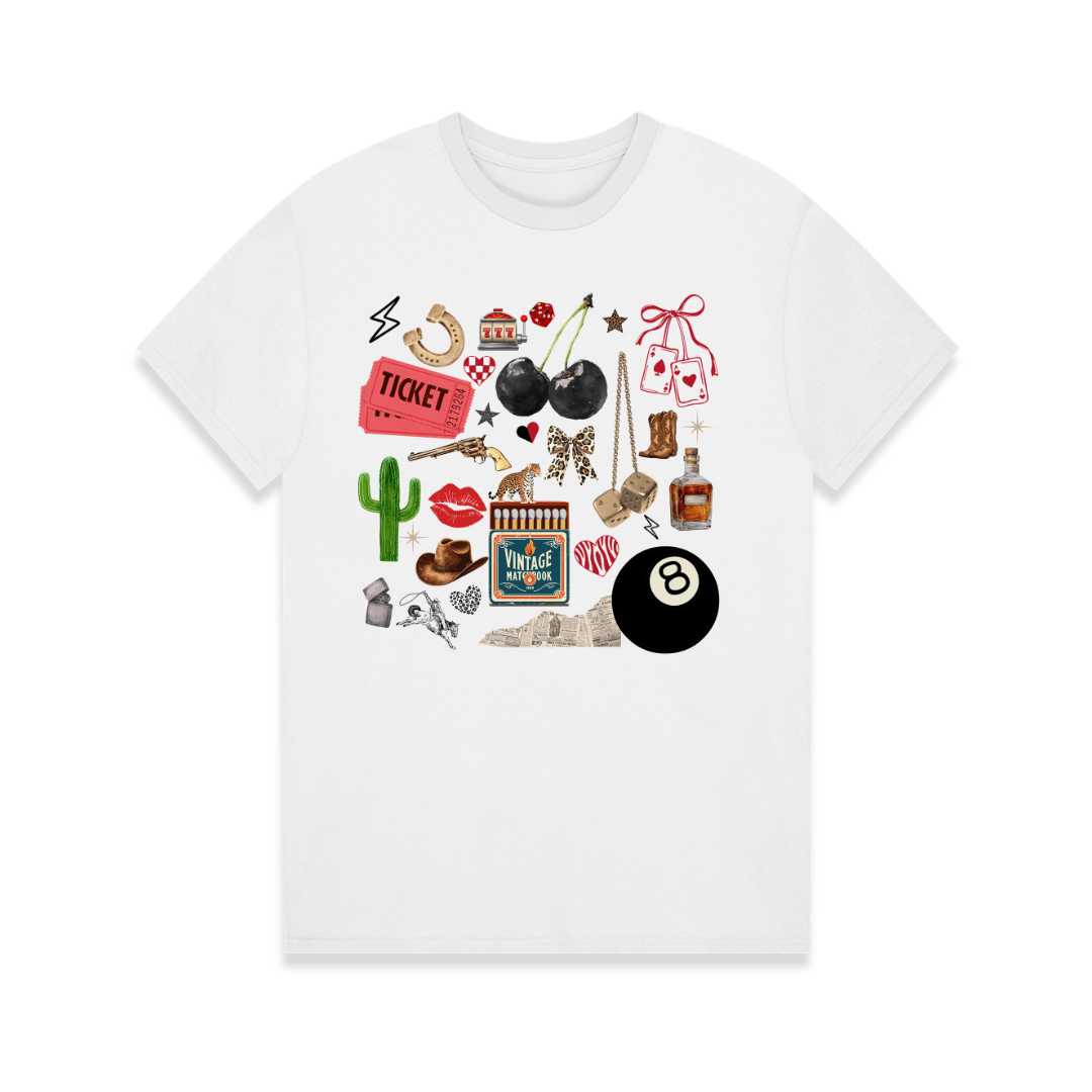 White t-shirt with various graphic designs on a white background